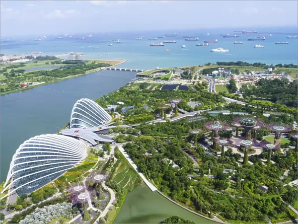High view overlooking the Gardens by the Bay botanical gardens with its conservatories