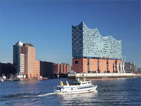 Excursion boat on Elbe River, Elbphilharmonie, HafenCity, Hamburg, Hanseatic City