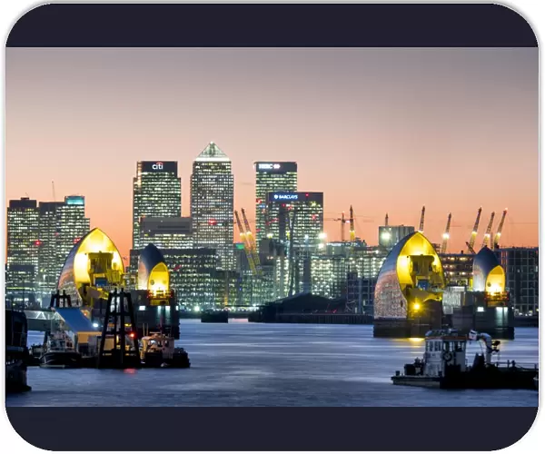 Canary Wharf with Thames Barrier, London, England, United Kingdom, Europe