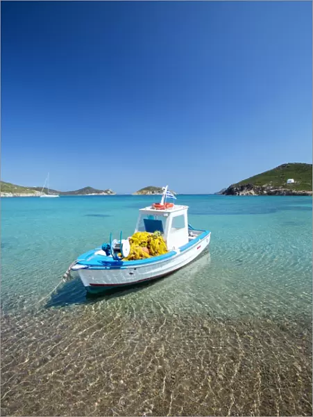 Fishing boat moored on the beach, Patmos Island, Dodecanese, Greek Islands, Greece