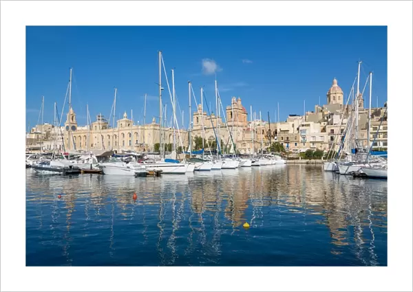 Boats moored in Grand Harbour marina at Birgu, Valletta, Malta, Mediterranean, Europe