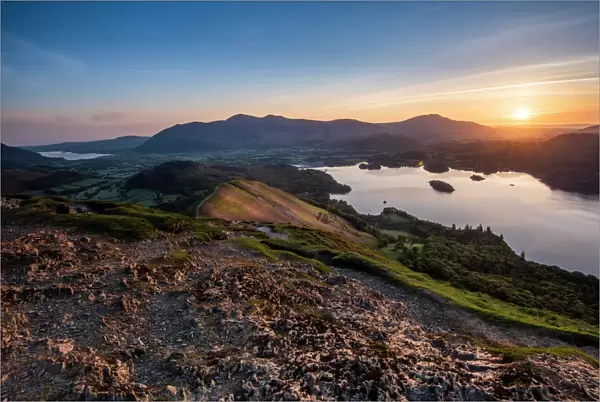 Sunrise over Derwentwater from the summit of Catbells near Keswick, Lake District National Park