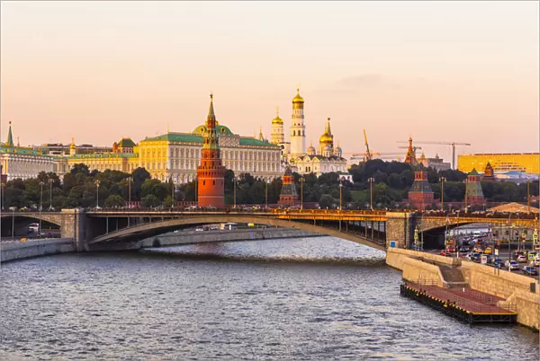 Moscow River and the Kremlin in early evening light, Moscow, Russia, Europe