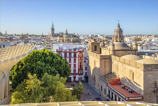 Seville Skyline of Cathedral and city rooftops from the Metropol Parasol, Seville