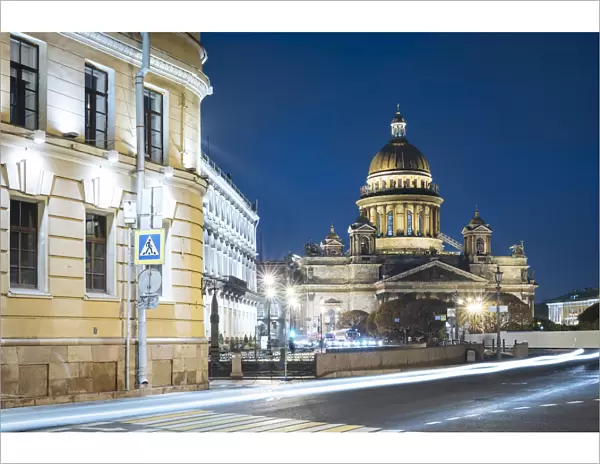 Voznesensky Avenue and exterior of St. Isaacs Cathedral at night, UNESCO World