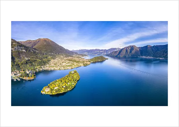 Aerial view of Comacina Island and Tremezzina in autumn, Lake Como, Lombardy