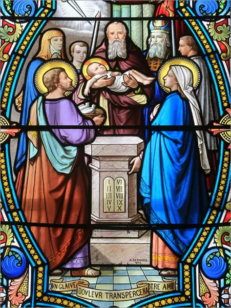 Stained glass window of Presentation of Jesus Christ at the Temple
