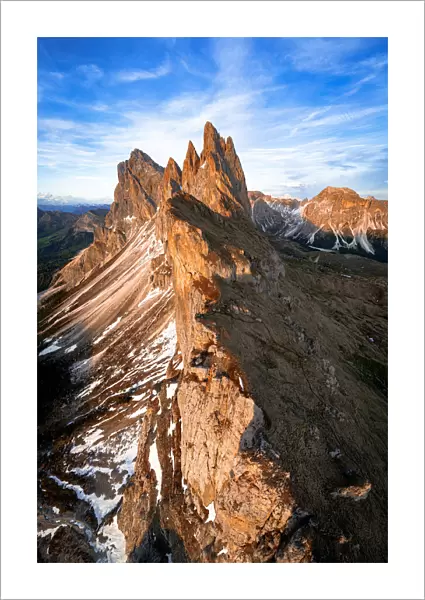 Aerial view of Odle group, Seceda, Furchetta and Sass Rigais at sunset, Dolomites, South Tyrol, Italy, Europe