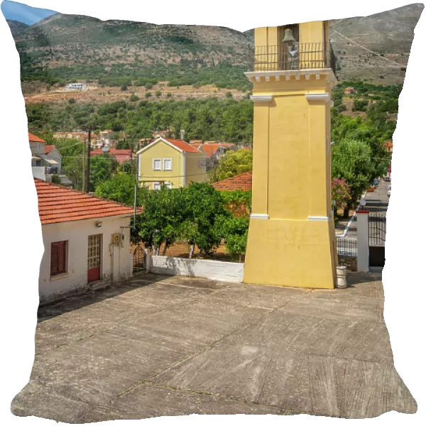 View of Church of Agia Efimia bell tower in Agia Effimia, Kefalonia, Ionian Islands, Greek Islands, Greece, Europe