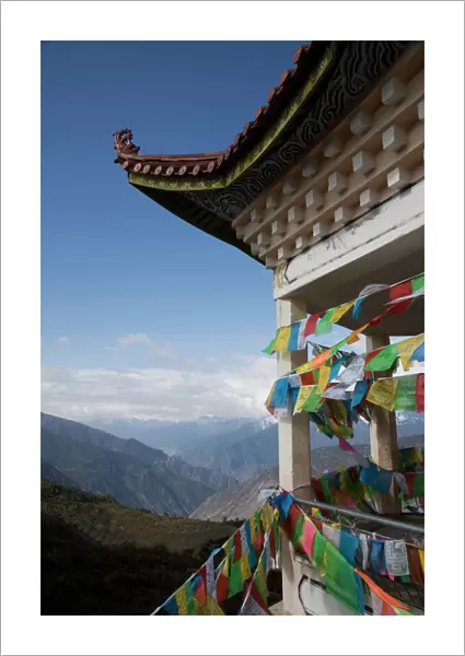 Buddhist stupa and prayer flags, Deqin, called Shangri-La, near the Tibetan Border