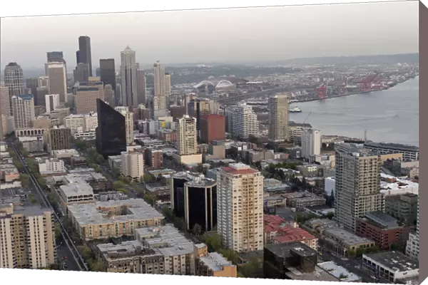 City overview from the observation deck of the Space Needle, 520 ft tall