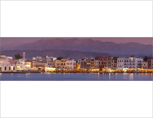 Harbour at dusk and White Mountains, Chania, Crete, Greek Islands, Greece, Europe
