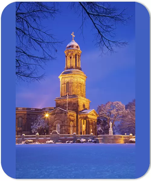 St. Chads Church, Quarry Park, in winter snow in the evening, Shrewsbury