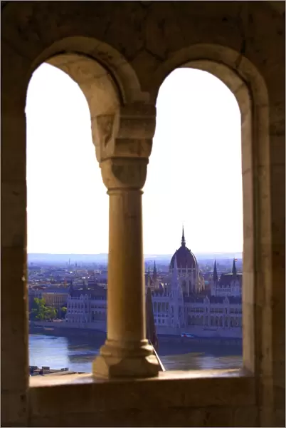 View of Hungarian Parliament Building from Fishermans Bastion, Budapest, Hungary, Europe