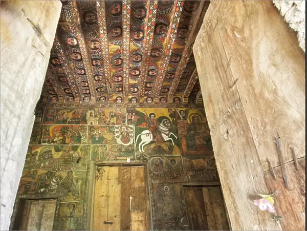 Ancient wall paintings inside the Debre Birhan Selassie Church, Gondar, Ethiopia, Africa