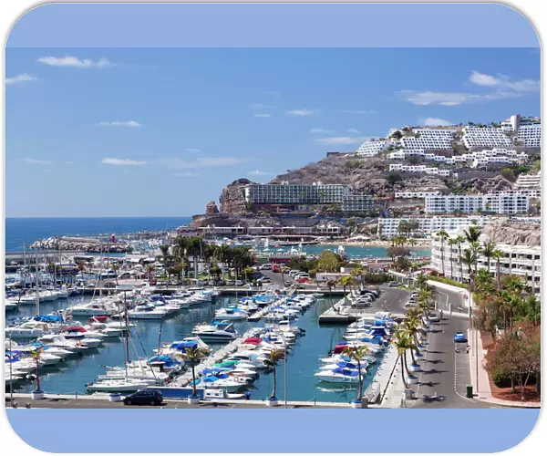 High angle view of Puerto Rico and marina, Gran Canaria, Canary Islands, Spain, Atlantic, Europe