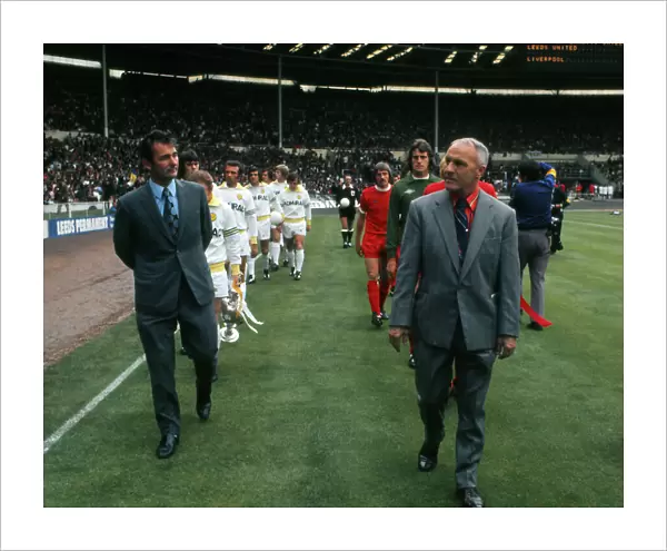 Clough and Shankly lead their teams out for the 1974 Charity Shield