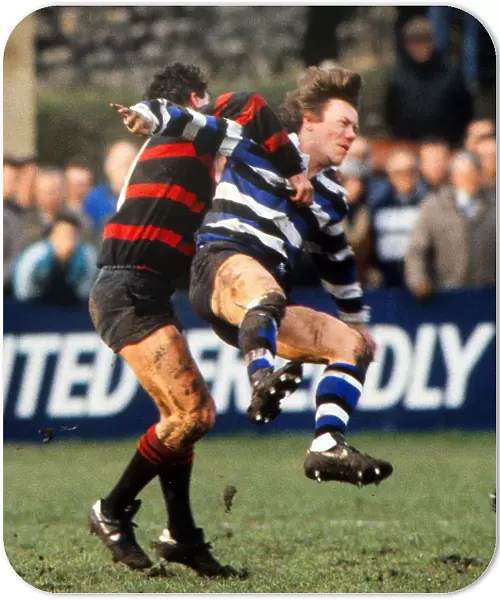 Baths Simon Halliday is tackled - 1987 John Player Cup