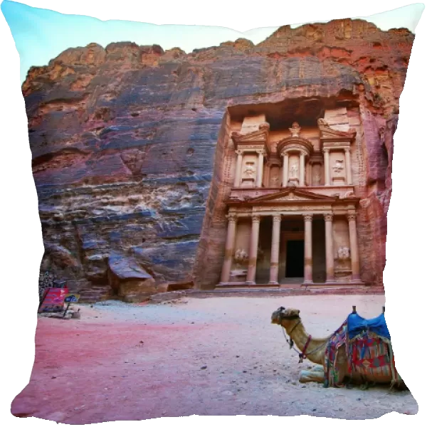View of the Treasury, Al-Khazneh, with camels, Petra, Jordan