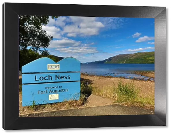 Loch Ness sign and Loch Ness in the Scottish Highlands in Fort Augustus, Scotland