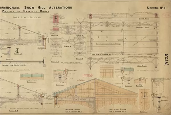GWR Birmingham Snow Hill Alterations - details of umbrella roofs dwg no. 3 (1908)