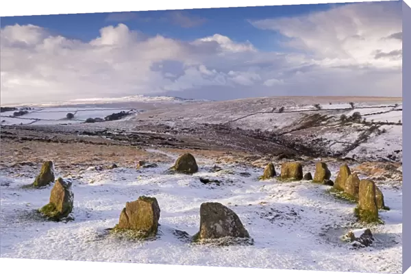 Snow covered Nine Maidens cairn circle on Belstone Common, Dartmoor, Devon, England
