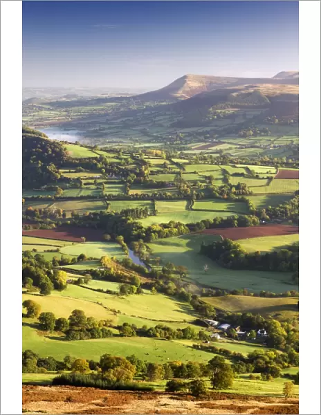 The River Usk and rolling countryside in the Brecon Beacons National Park, Powys, Wales, UK