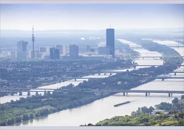 Austria, Vienna, View of the River Danube and Vienna looking towards Donau City