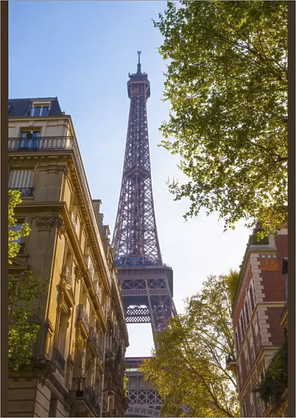 France, Paris, Eiffel Tower, view through street