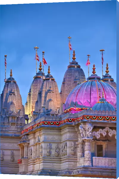 England, London, Neasden, Shri Swaminarayan Mandir Temple illuminated for Hindu Festival of Diwali