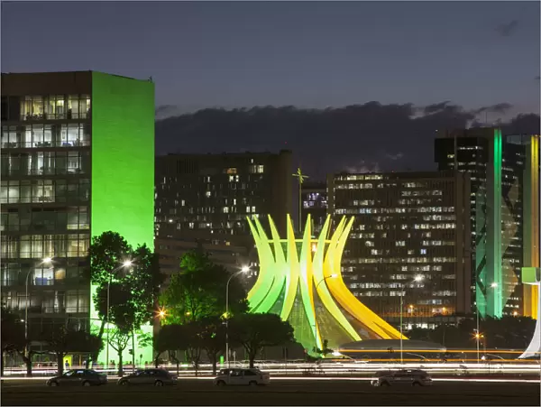 Metropolitan Cathedral and Esplanade of Ministeries at dusk, Brasilia, Federal District