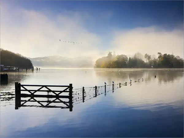 Misty morning on the shores of Derwent Water, Lake District National Park, Cumbria