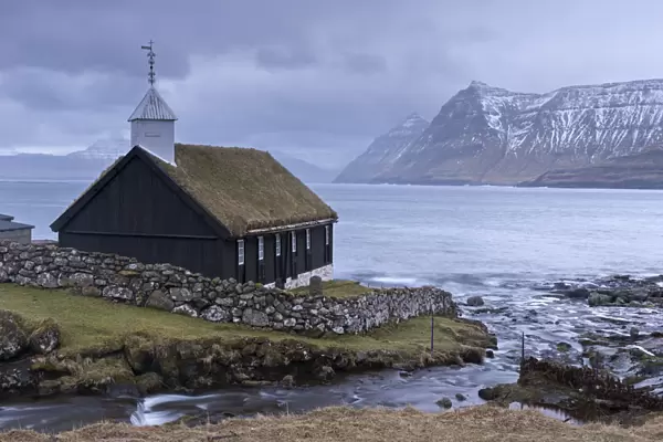 Grass roofed Church in the village of Funningur on the island of Eysturoy, Faroe Islands