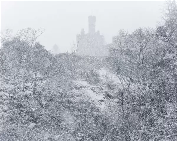 United Kingdom, UK, Scotland, Scottish castle under a strong snow storm