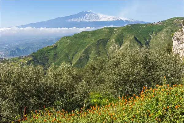 Europe, Italy, Sicily. View towards the Mount Etna from the hiking path from Castelmola