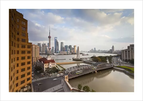 New Pudong skyline; Waibaidu (Garden) Bridge; looking across the Huangpu River