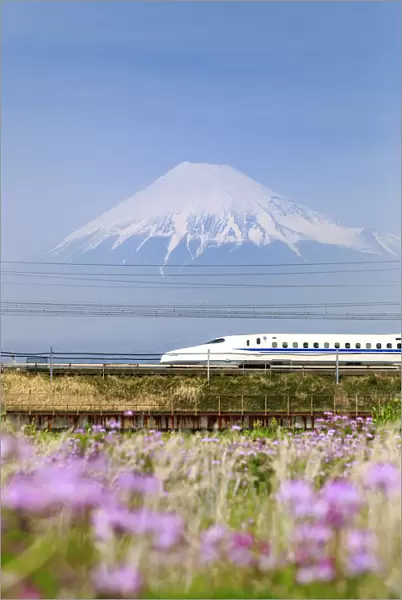 Japan, Shizuoka Prefecture, Yoshiwara, Mt Fuji and Shinkansen Series N700A bullet train