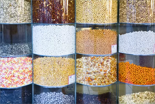 Turkey, Eastern Turkey, Malatya, Bazaar, Dried seeds and pulses in glass containers