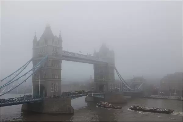 England, London, Tower Bridge in Fog