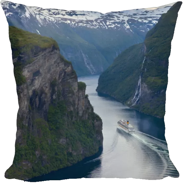 A Cruise Ship navigates through a bend in the dramatic Geiranger Fjord, Geiranger