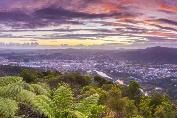 Elevated view over Whangarei Central Business District at sunset, Whangarei, Northland, North Island, New
