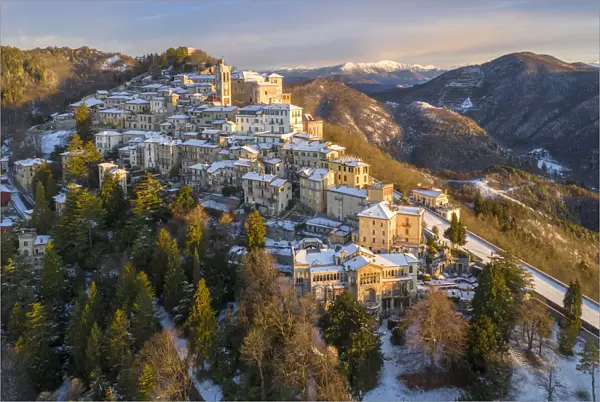 Aerial view of Santa Maria del Monte and the chapels of the sacred way during a winter