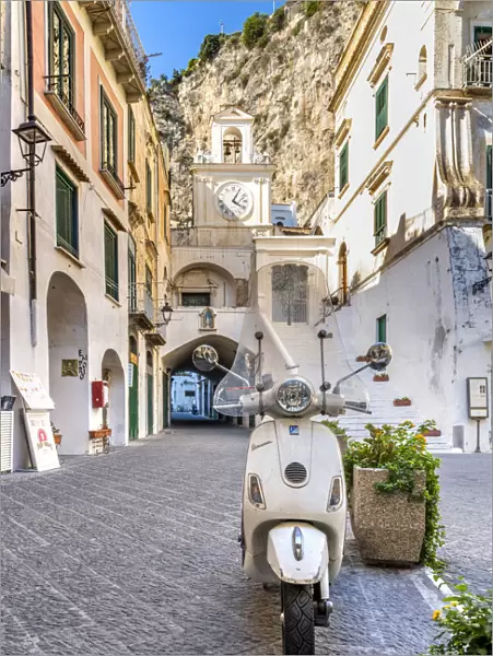 Vespa scooter parked in Atrani, Amalfi coast, Campania, Italy