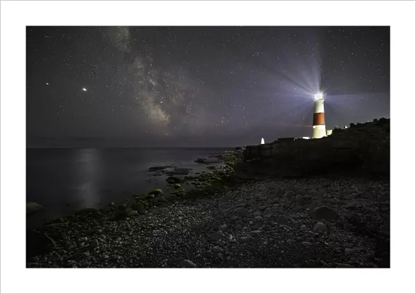 Portland Bill Lighthouse at night with the Milky Way, Isle of Portland