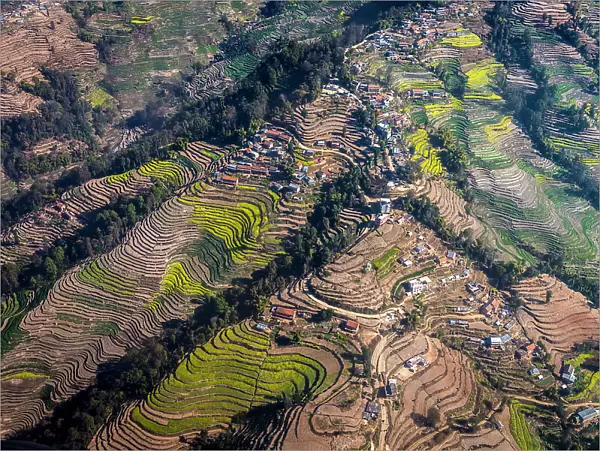 Aerial of villages and terraced fields in the Kathmandu Valley, Nepal