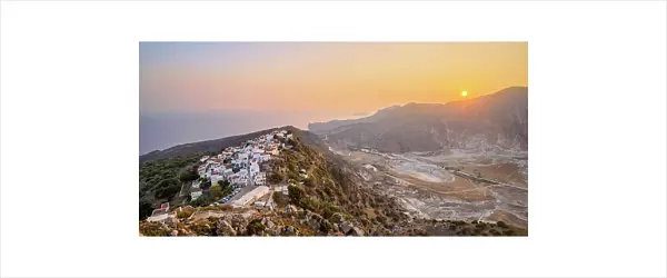 Nikia Village and Stefanos Volcano Crater at sunset, elevated view, Nisyros Island, Dodecanese, Greece