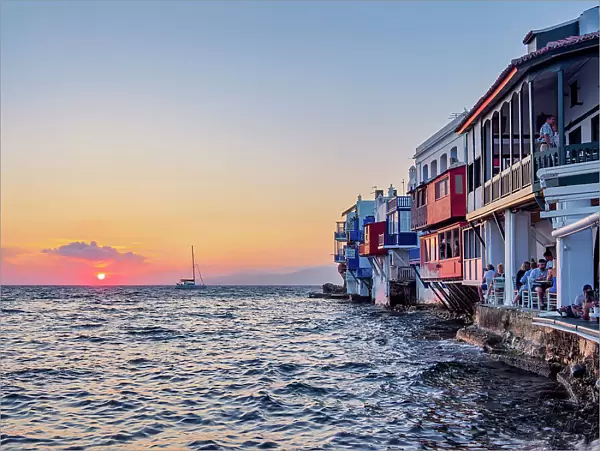 Little Venice at sunset, Chora, Mykonos Town, Mykonos Island, Cyclades, Greece