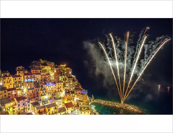 europe, Italy, Liguria, Manarola, Cinque Terre. Fire works on the village's holiday San Lorenzo