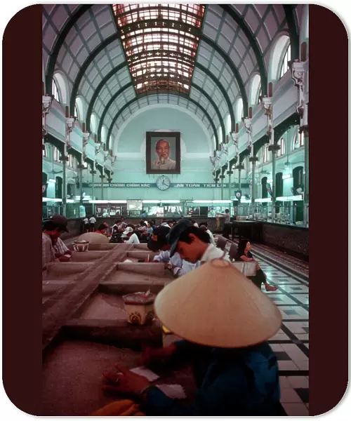 10002904. vietnam, ho chi minh city, post office interior depicting glass canopy