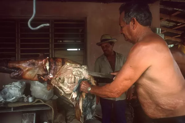 20024514. CUBA Holguin Palma Soriano Man carving barbequed pig